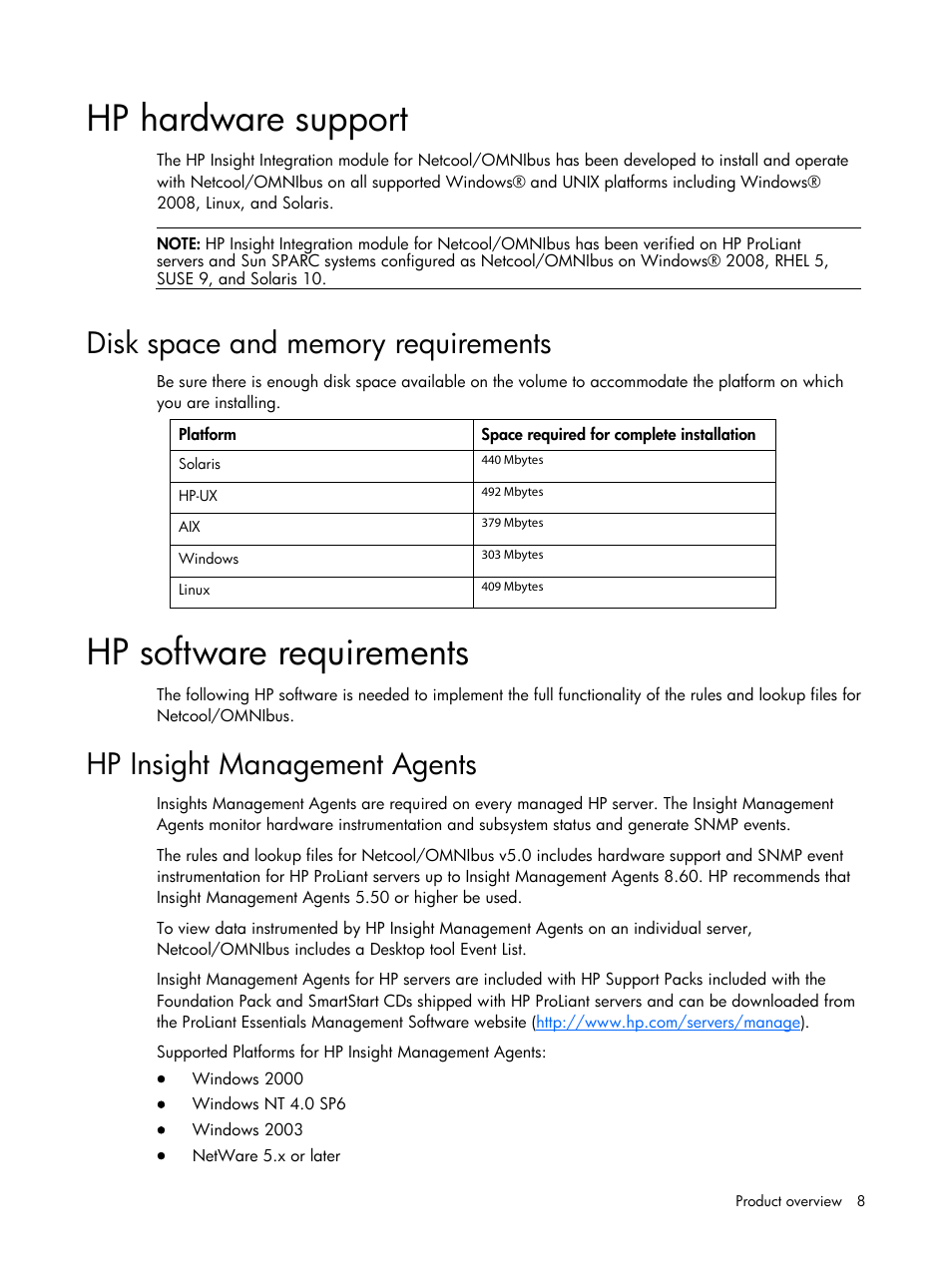 Hp hardware support, Disk space and memory requirements, Hp software requirements | Hp insight management agents | HP Insight Management for Tivoli User Manual | Page 8 / 270