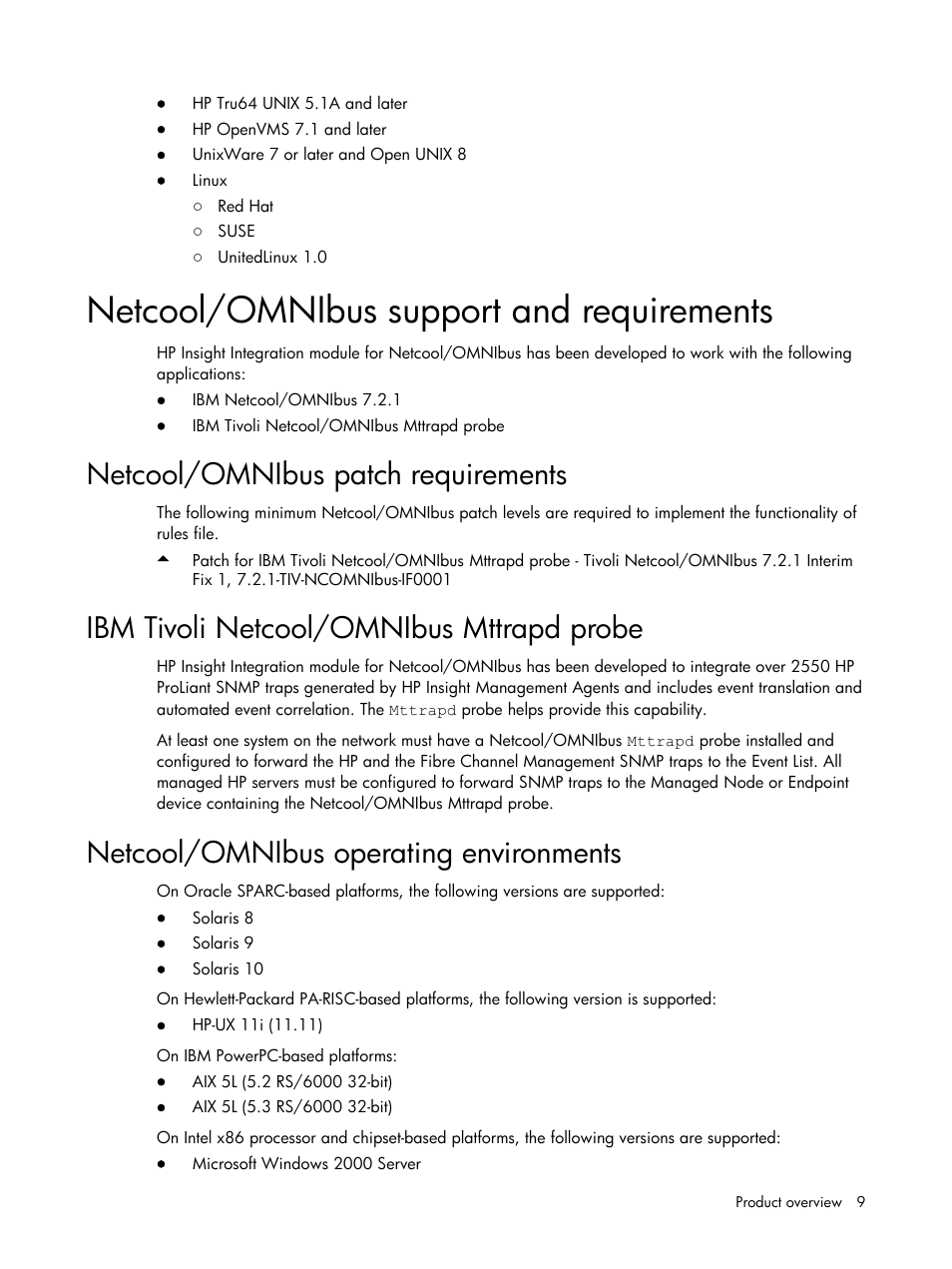 Netcool/omnibus support and requirements, Netcool/omnibus patch requirements, Ibm tivoli netcool/omnibus mttrapd probe | Netcool/omnibus operating environments | HP Insight Management for Tivoli User Manual | Page 9 / 270