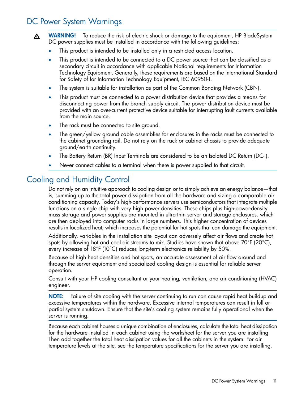 Dc power system warnings, Cooling and humidity control | HP Integrity BL870c Server-Blade User Manual | Page 11 / 47