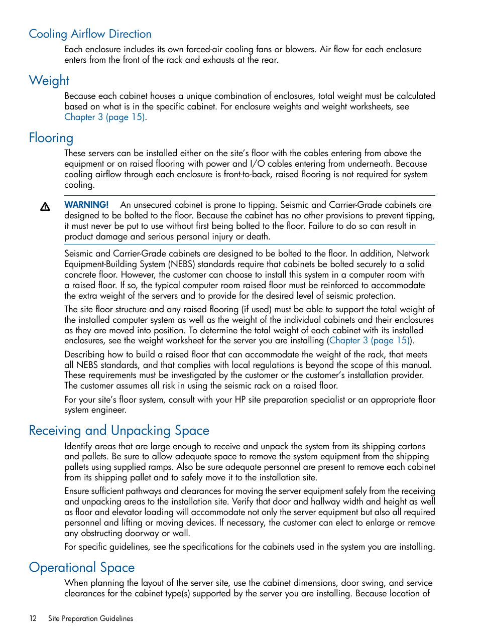 Cooling airflow direction, Weight, Flooring | Receiving and unpacking space, Operational space | HP Integrity BL870c Server-Blade User Manual | Page 12 / 47