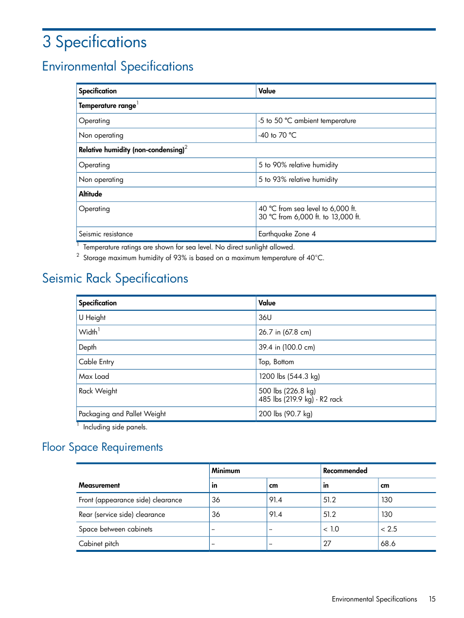 3 specifications, Environmental specifications, Seismic rack specifications | Floor space requirements, Chapter 3 | HP Integrity BL870c Server-Blade User Manual | Page 15 / 47