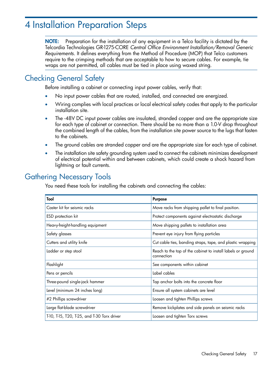 4 installation preparation steps, Checking general safety, Gathering necessary tools | Checking general safety gathering necessary tools | HP Integrity BL870c Server-Blade User Manual | Page 17 / 47
