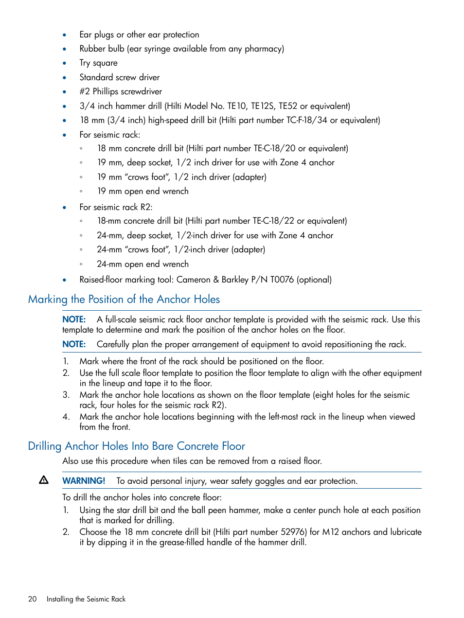 Marking the position of the anchor holes, Drilling anchor holes into bare concrete floor | HP Integrity BL870c Server-Blade User Manual | Page 20 / 47