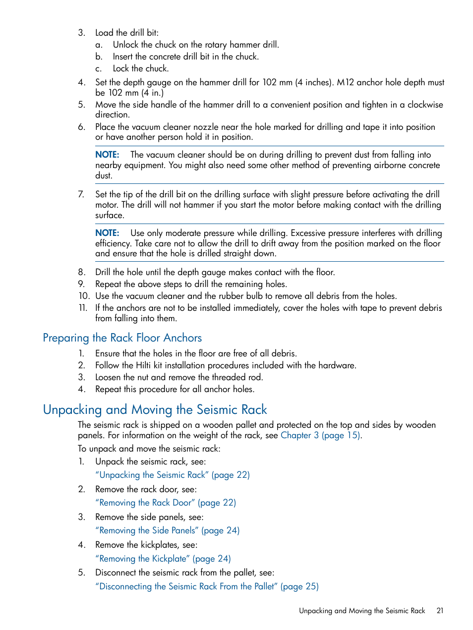 Preparing the rack floor anchors, Unpacking and moving the seismic rack | HP Integrity BL870c Server-Blade User Manual | Page 21 / 47