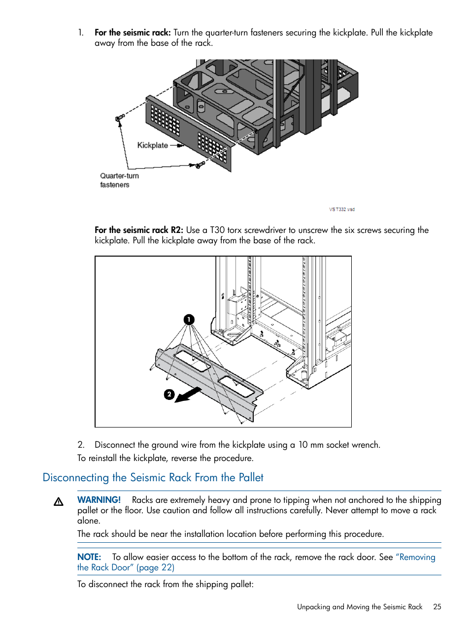 Disconnecting the seismic rack from the pallet | HP Integrity BL870c Server-Blade User Manual | Page 25 / 47