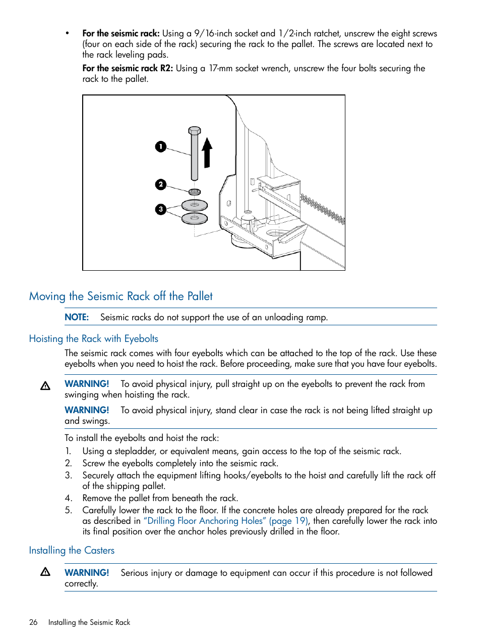 Moving the seismic rack off the pallet, Hoisting the rack with eyebolts, Installing the casters | HP Integrity BL870c Server-Blade User Manual | Page 26 / 47