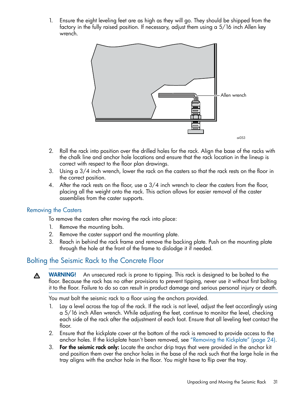 Removing the casters, Bolting the seismic rack to the concrete floor | HP Integrity BL870c Server-Blade User Manual | Page 31 / 47