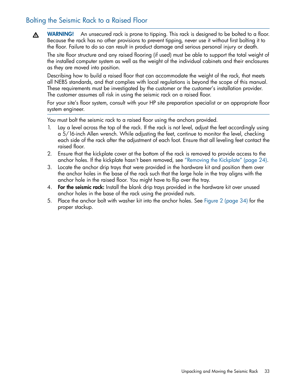 Bolting the seismic rack to a raised floor | HP Integrity BL870c Server-Blade User Manual | Page 33 / 47