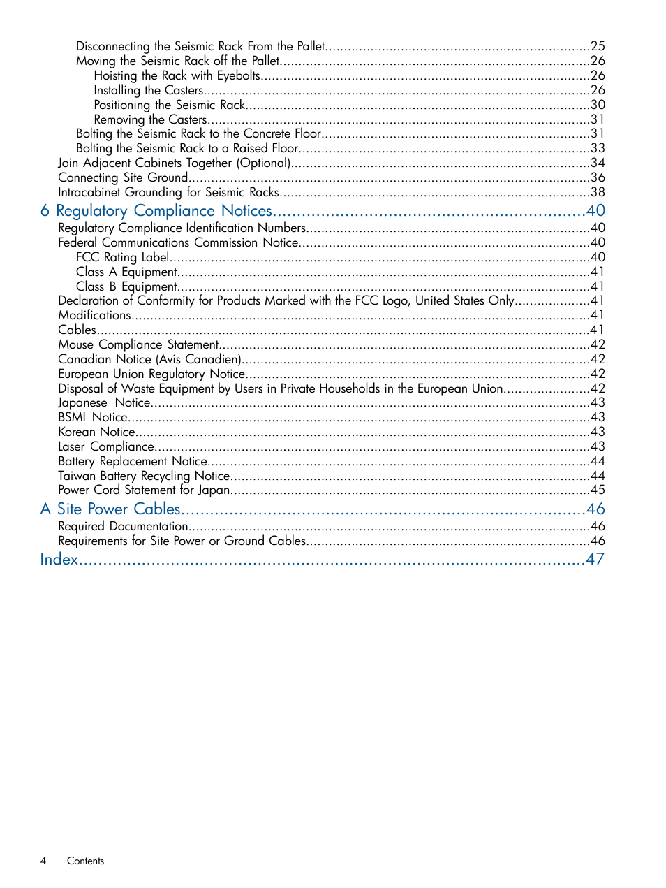 6 regulatory compliance notices, A site power cables, Index | HP Integrity BL870c Server-Blade User Manual | Page 4 / 47