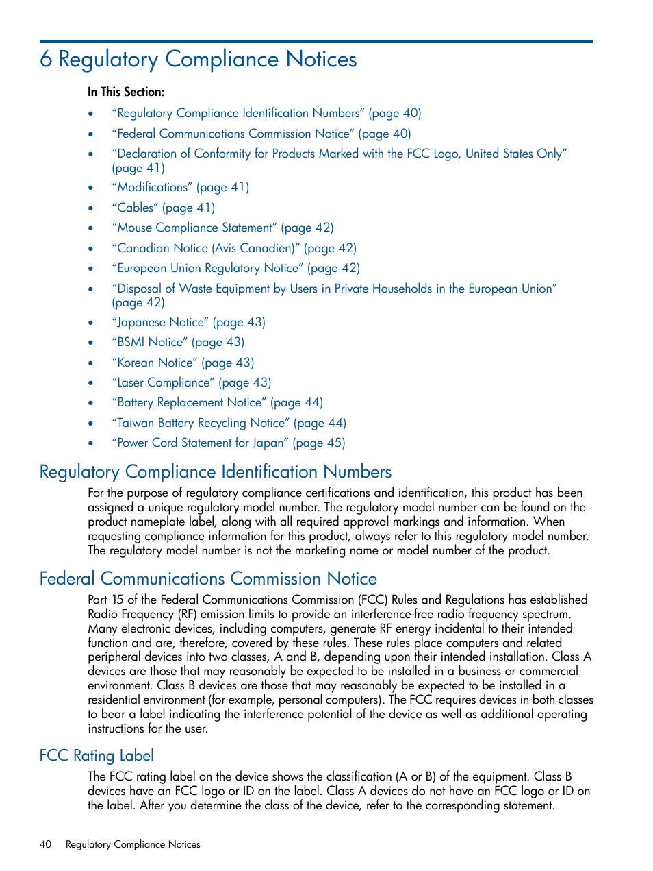 6 regulatory compliance notices, Regulatory compliance identification numbers, Federal communications commission notice | Fcc rating label | HP Integrity BL870c Server-Blade User Manual | Page 40 / 47