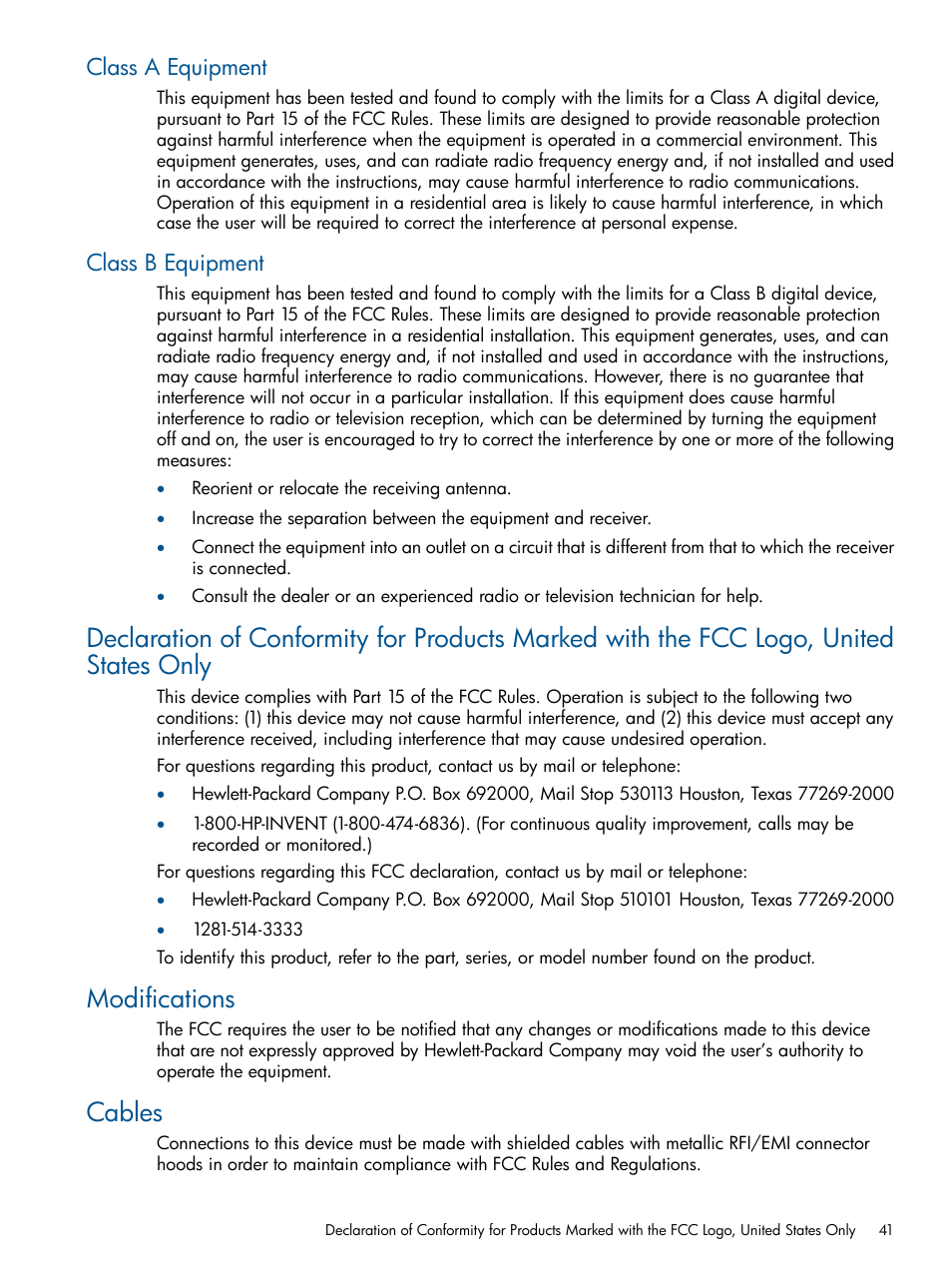 Class a equipment, Class b equipment, Modifications | Cables, Class a equipment class b equipment | HP Integrity BL870c Server-Blade User Manual | Page 41 / 47