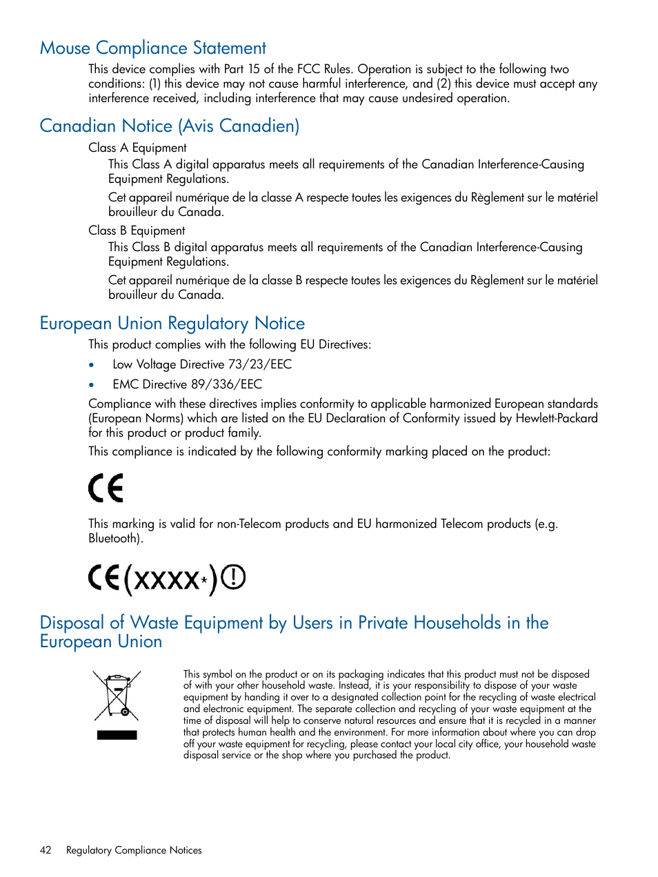 Mouse compliance statement, Canadian notice (avis canadien), European union regulatory notice | HP Integrity BL870c Server-Blade User Manual | Page 42 / 47