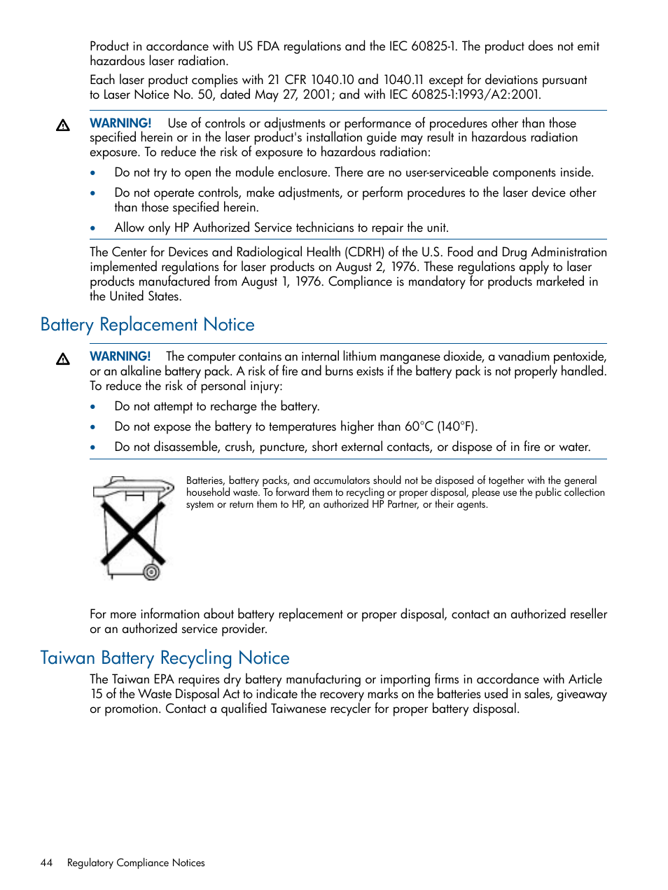 Battery replacement notice, Taiwan battery recycling notice | HP Integrity BL870c Server-Blade User Manual | Page 44 / 47