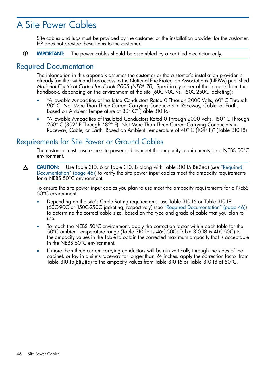 A site power cables, Required documentation, Requirements for site power or ground cables | HP Integrity BL870c Server-Blade User Manual | Page 46 / 47