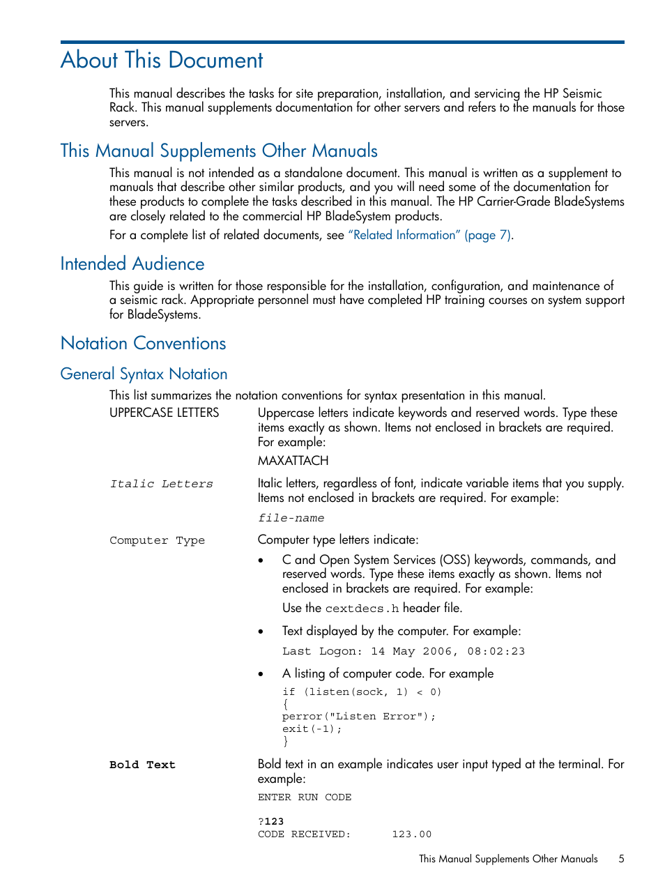 About this document, This manual supplements other manuals, Intended audience | Notation conventions, General syntax notation | HP Integrity BL870c Server-Blade User Manual | Page 5 / 47