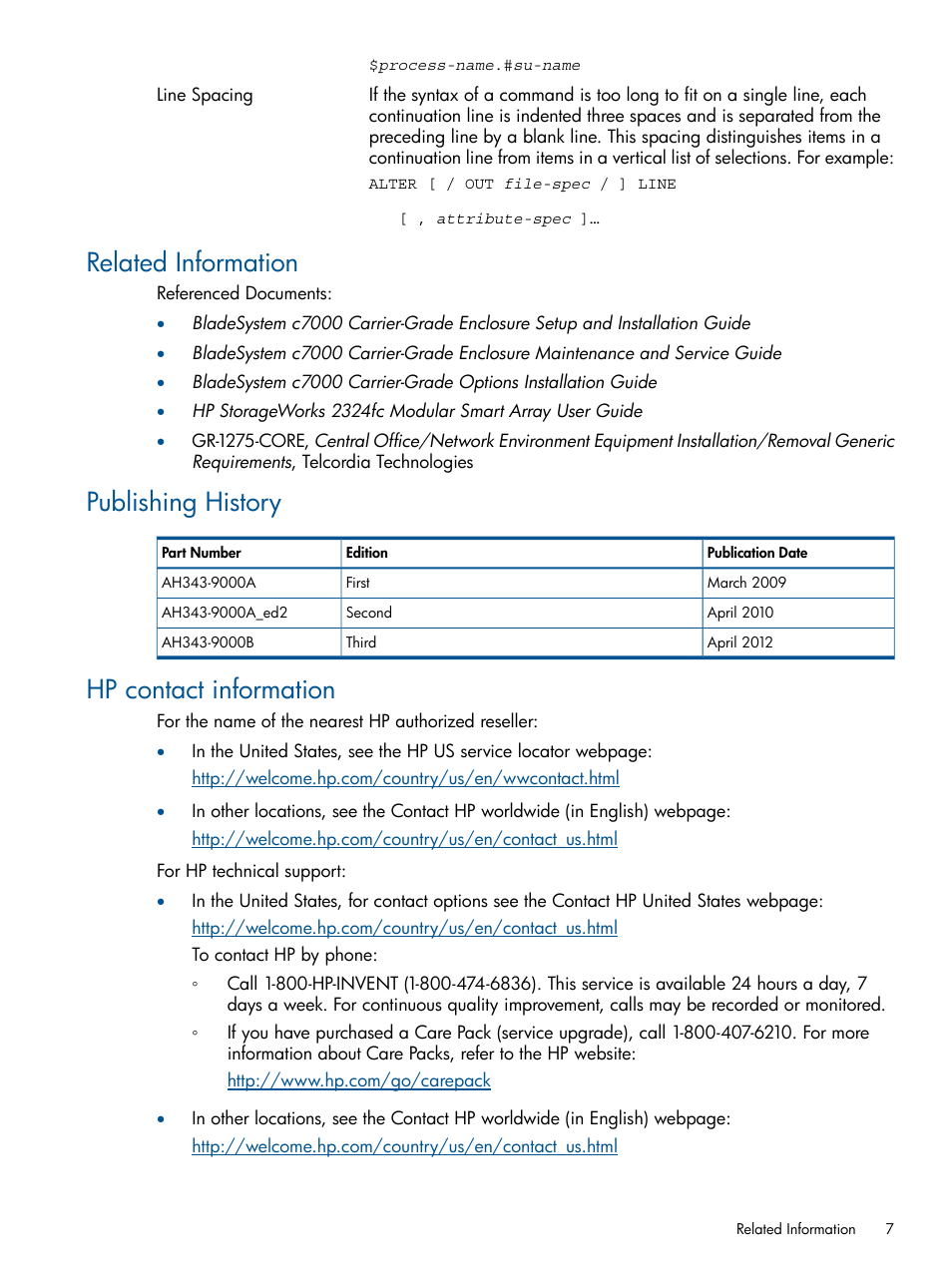 Related information, Publishing history, Hp contact information | HP Integrity BL870c Server-Blade User Manual | Page 7 / 47