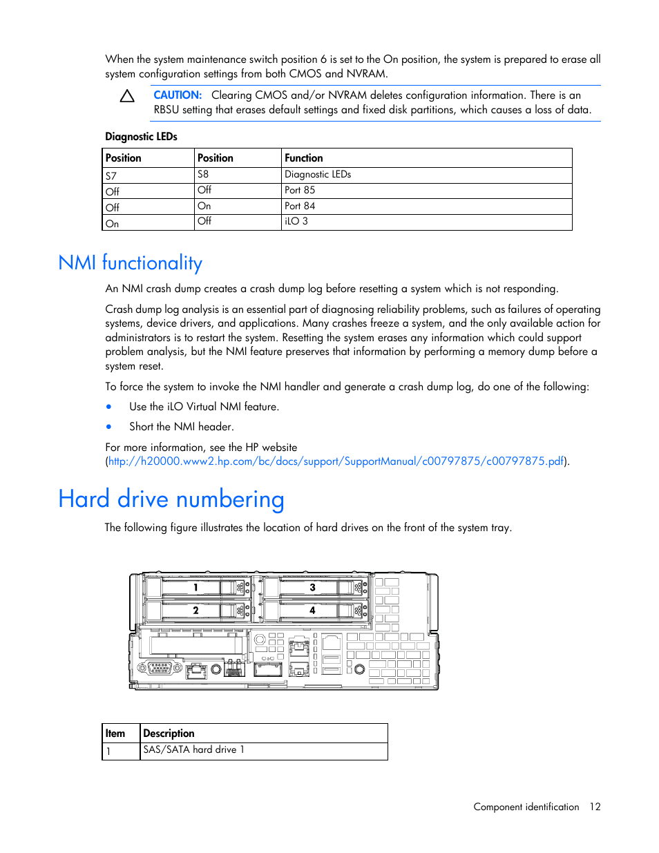 Nmi functionality, Hard drive numbering | HP ProLiant SL390s G7 Server User Manual | Page 12 / 87