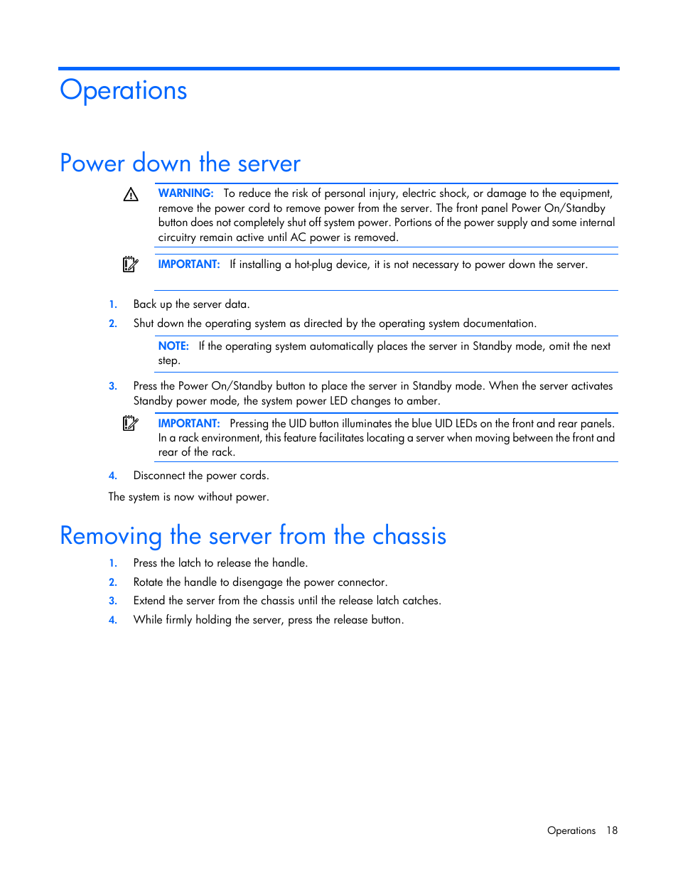 Operations, Power down the server, Removing the server from the chassis | HP ProLiant SL390s G7 Server User Manual | Page 18 / 87