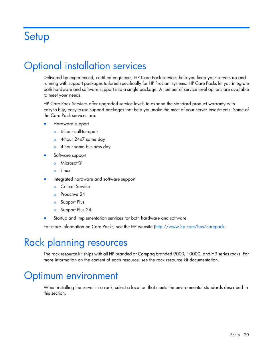 Setup, Optional installation services, Rack planning resources | Optimum environment | HP ProLiant SL390s G7 Server User Manual | Page 20 / 87