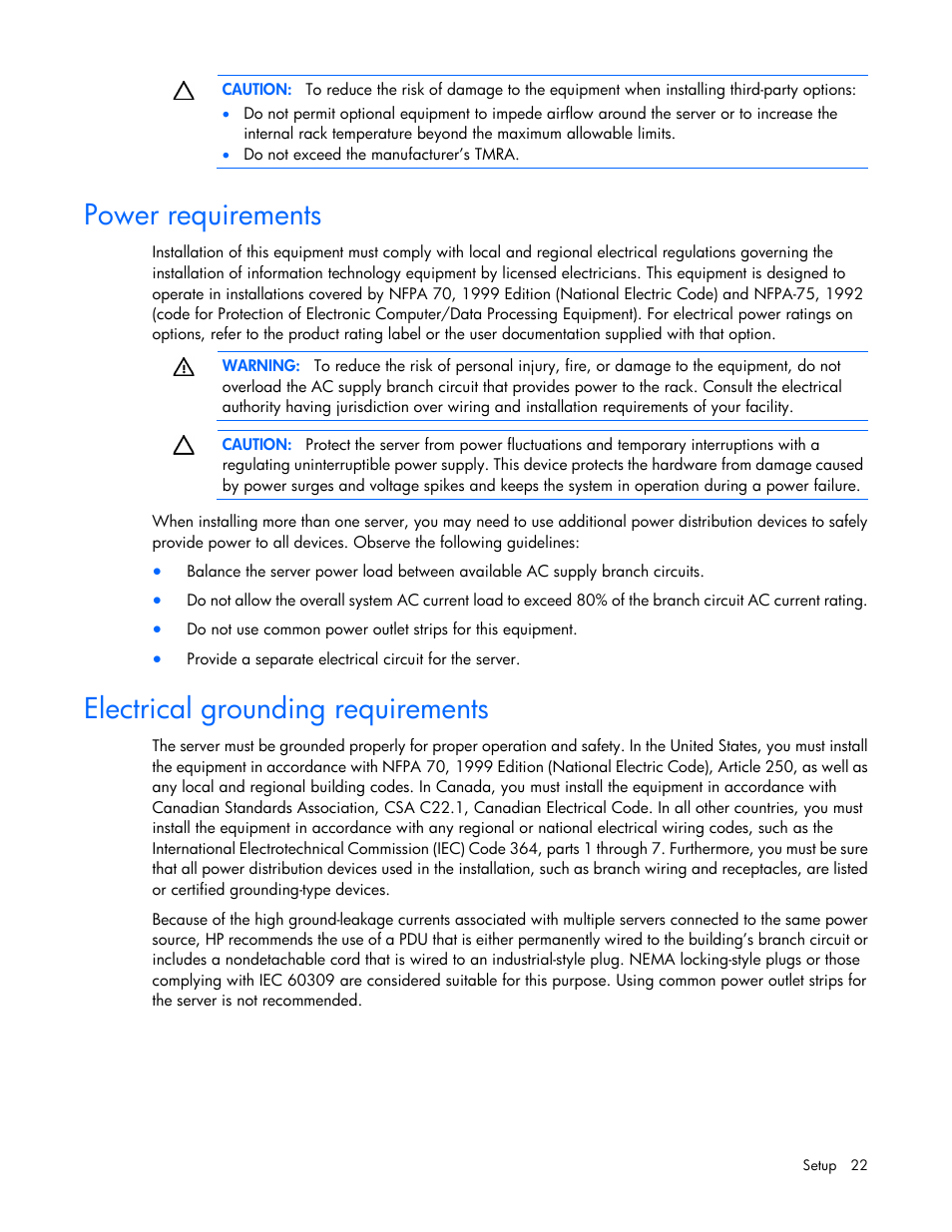 Power requirements, Electrical grounding requirements | HP ProLiant SL390s G7 Server User Manual | Page 22 / 87