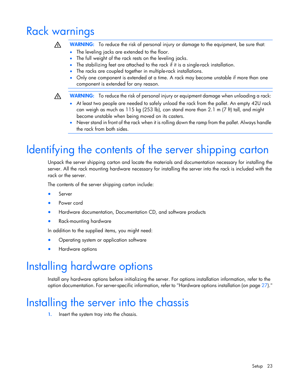 Rack warnings, Installing hardware options, Installing the server into the chassis | HP ProLiant SL390s G7 Server User Manual | Page 23 / 87