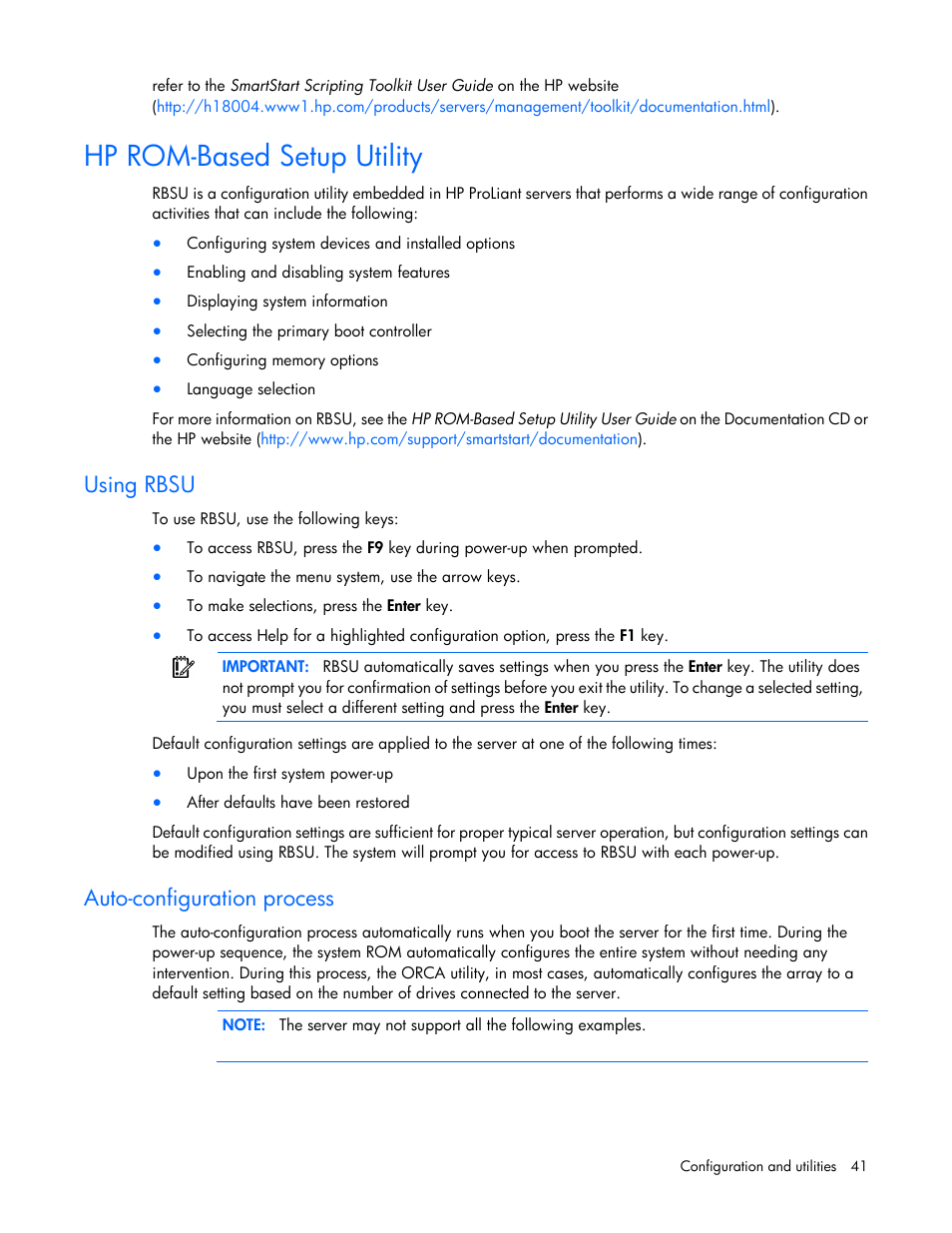 Hp rom-based setup utility, Using rbsu, Auto-configuration process | HP ProLiant SL390s G7 Server User Manual | Page 41 / 87