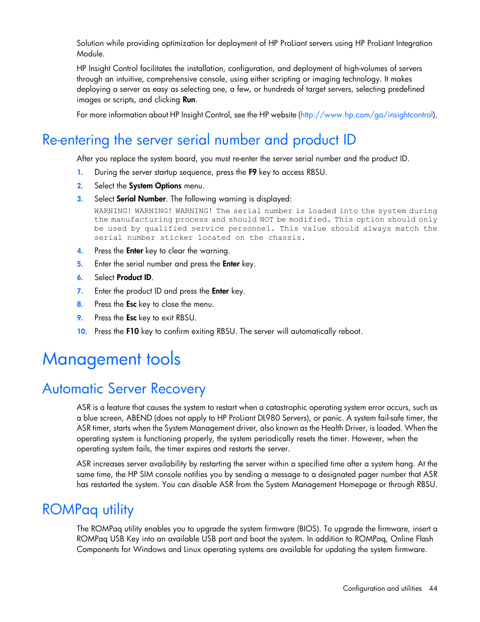 Management tools, Automatic server recovery, Rompaq utility | HP ProLiant SL390s G7 Server User Manual | Page 44 / 87