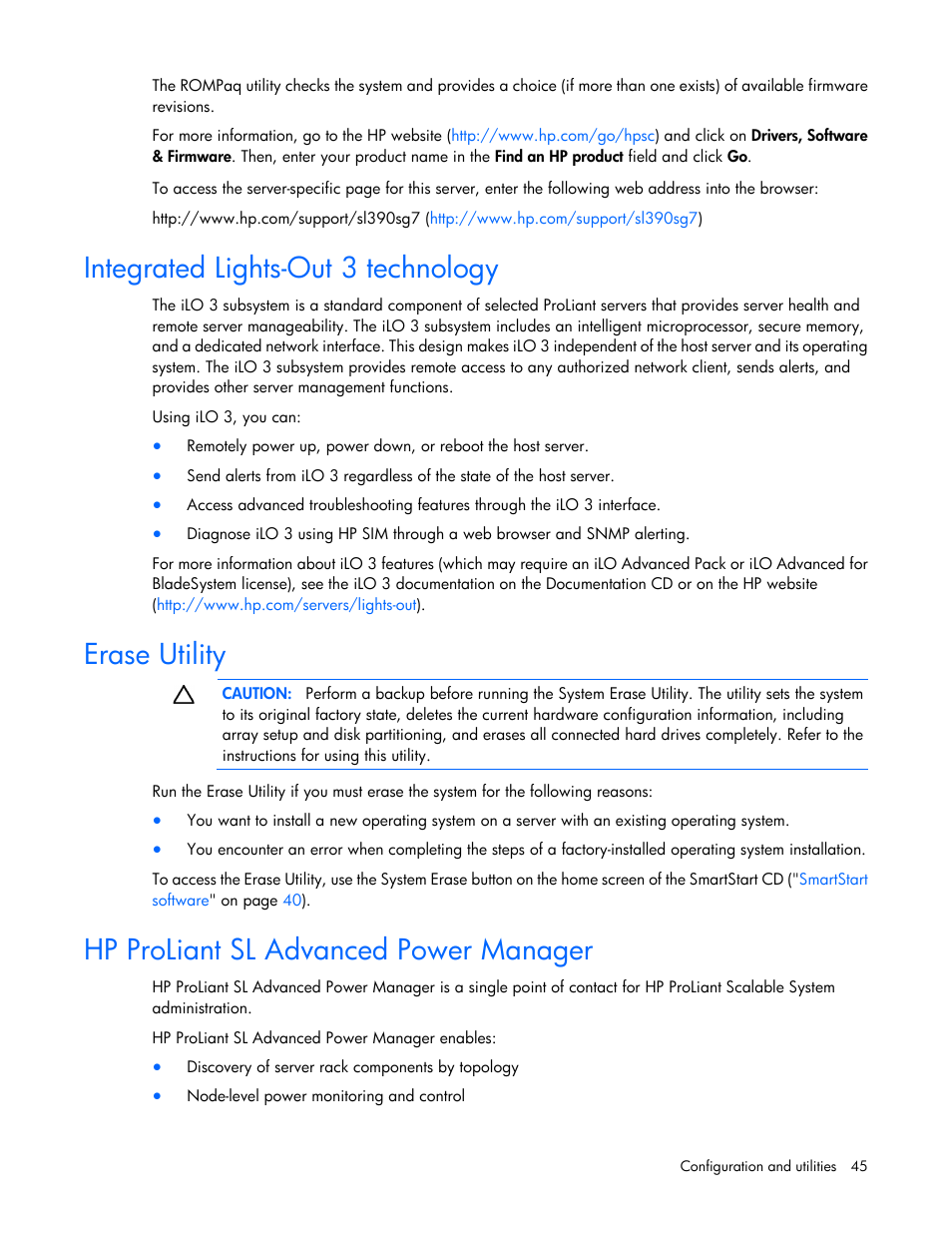 Integrated lights-out 3 technology, Erase utility, Hp proliant sl advanced power manager | HP ProLiant SL390s G7 Server User Manual | Page 45 / 87
