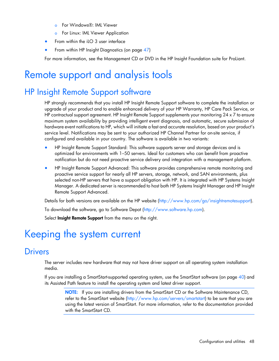Remote support and analysis tools, Hp insight remote support software, Keeping the system current | Drivers | HP ProLiant SL390s G7 Server User Manual | Page 48 / 87