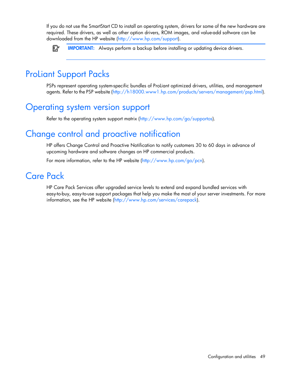 Proliant support packs, Operating system version support, Change control and proactive notification | Care pack | HP ProLiant SL390s G7 Server User Manual | Page 49 / 87