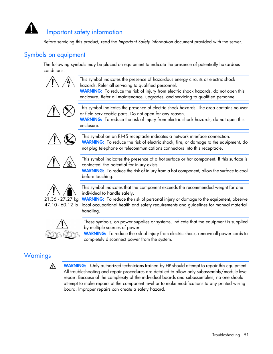 Symbols on equipment, Warnings, Important safety information | HP ProLiant SL390s G7 Server User Manual | Page 51 / 87