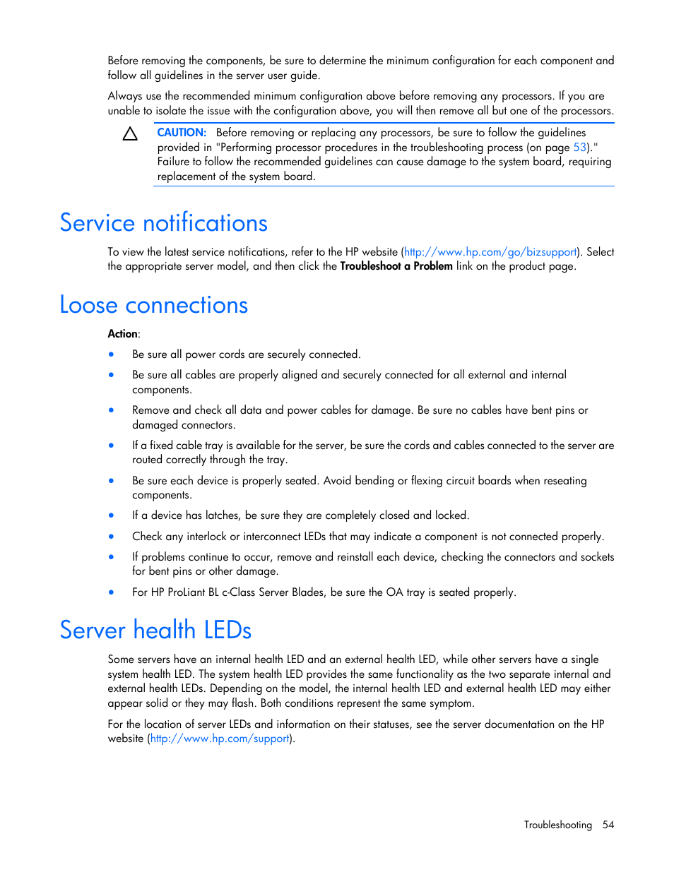 Service notifications, Loose connections, Server health leds | HP ProLiant SL390s G7 Server User Manual | Page 54 / 87