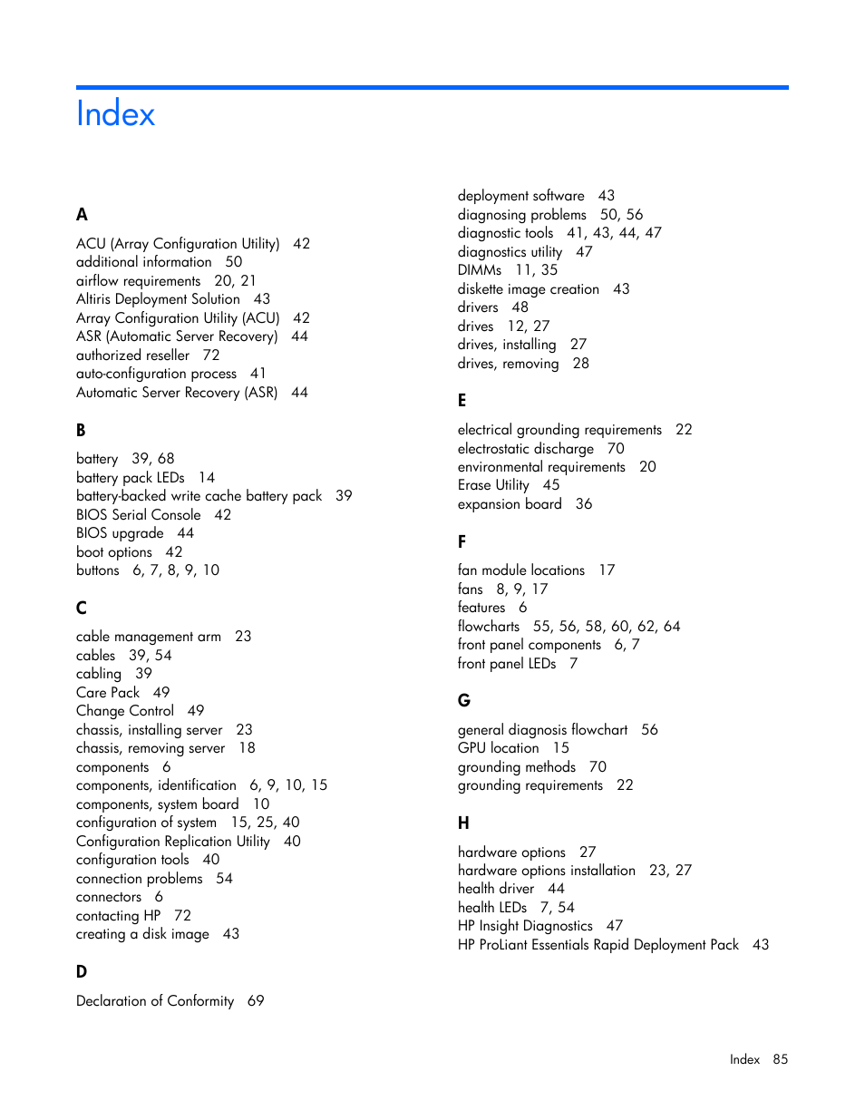 Index | HP ProLiant SL390s G7 Server User Manual | Page 85 / 87