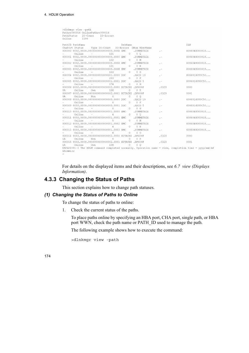 3 changing the status of paths | HP Hitachi Dynamic Link Manager Software User Manual | Page 198 / 492