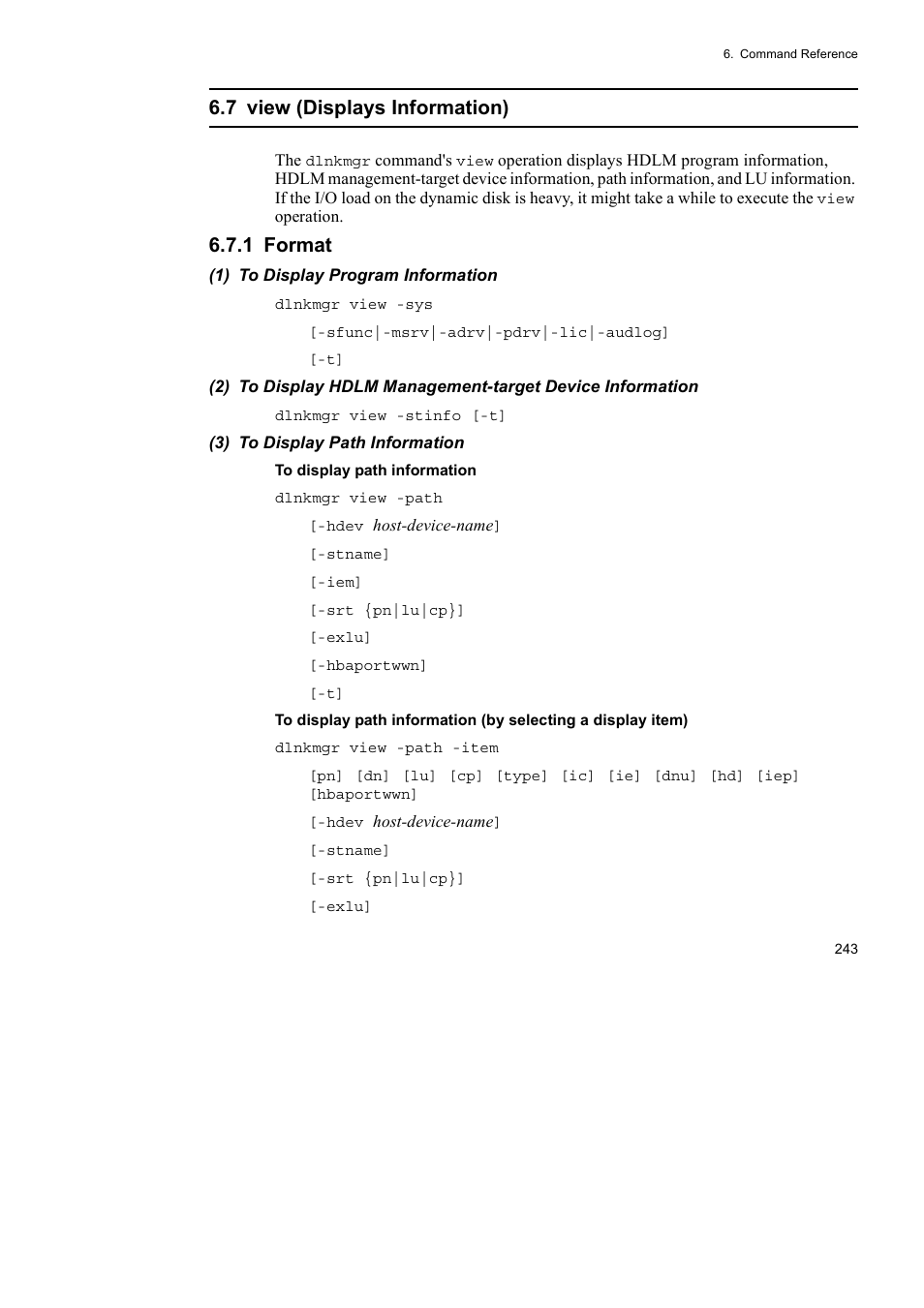 7 view (displays information), 1 format | HP Hitachi Dynamic Link Manager Software User Manual | Page 267 / 492