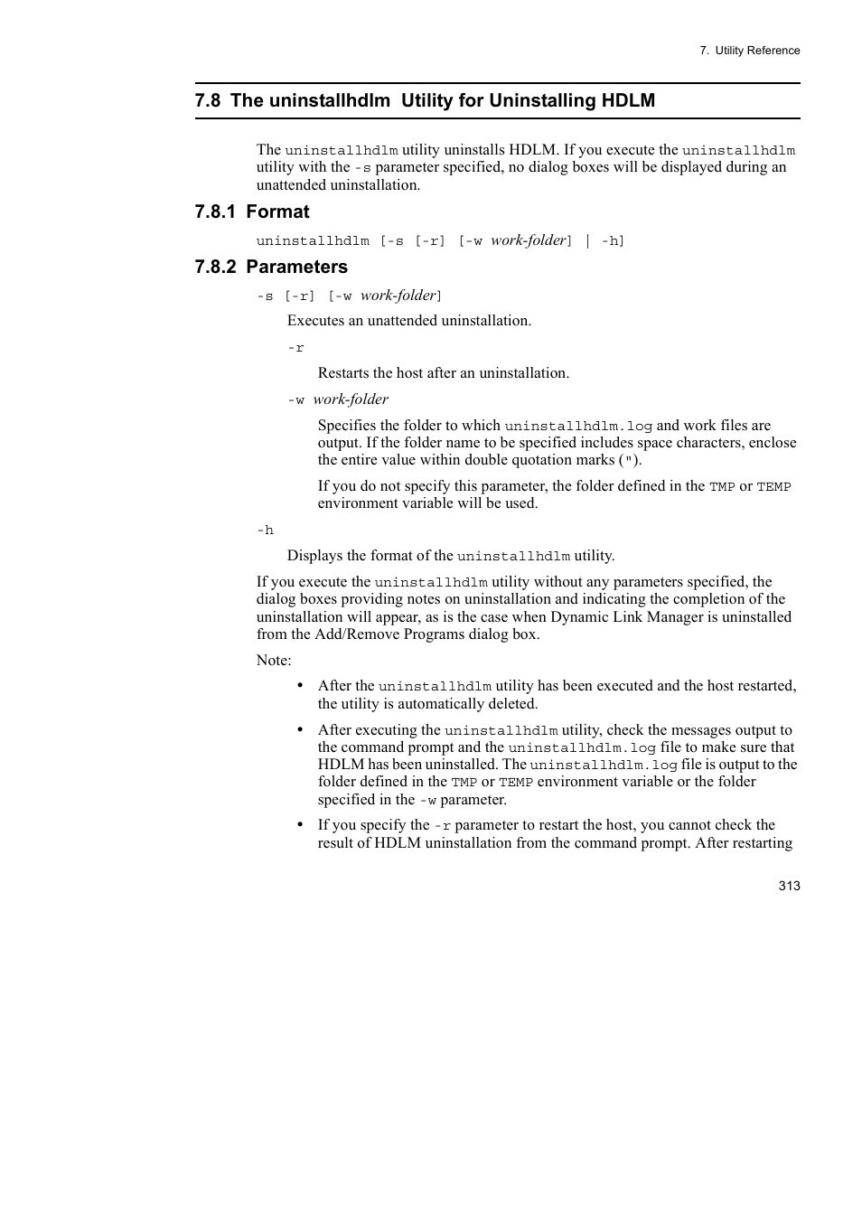 8 the uninstallhdlm utility for uninstalling hdlm, 1 format, 2 parameters | HP Hitachi Dynamic Link Manager Software User Manual | Page 337 / 492