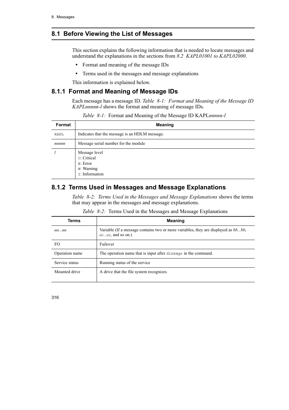 1 before viewing the list of messages, 1 format and meaning of message ids, 2 terms used in messages and message explanations | HP Hitachi Dynamic Link Manager Software User Manual | Page 340 / 492