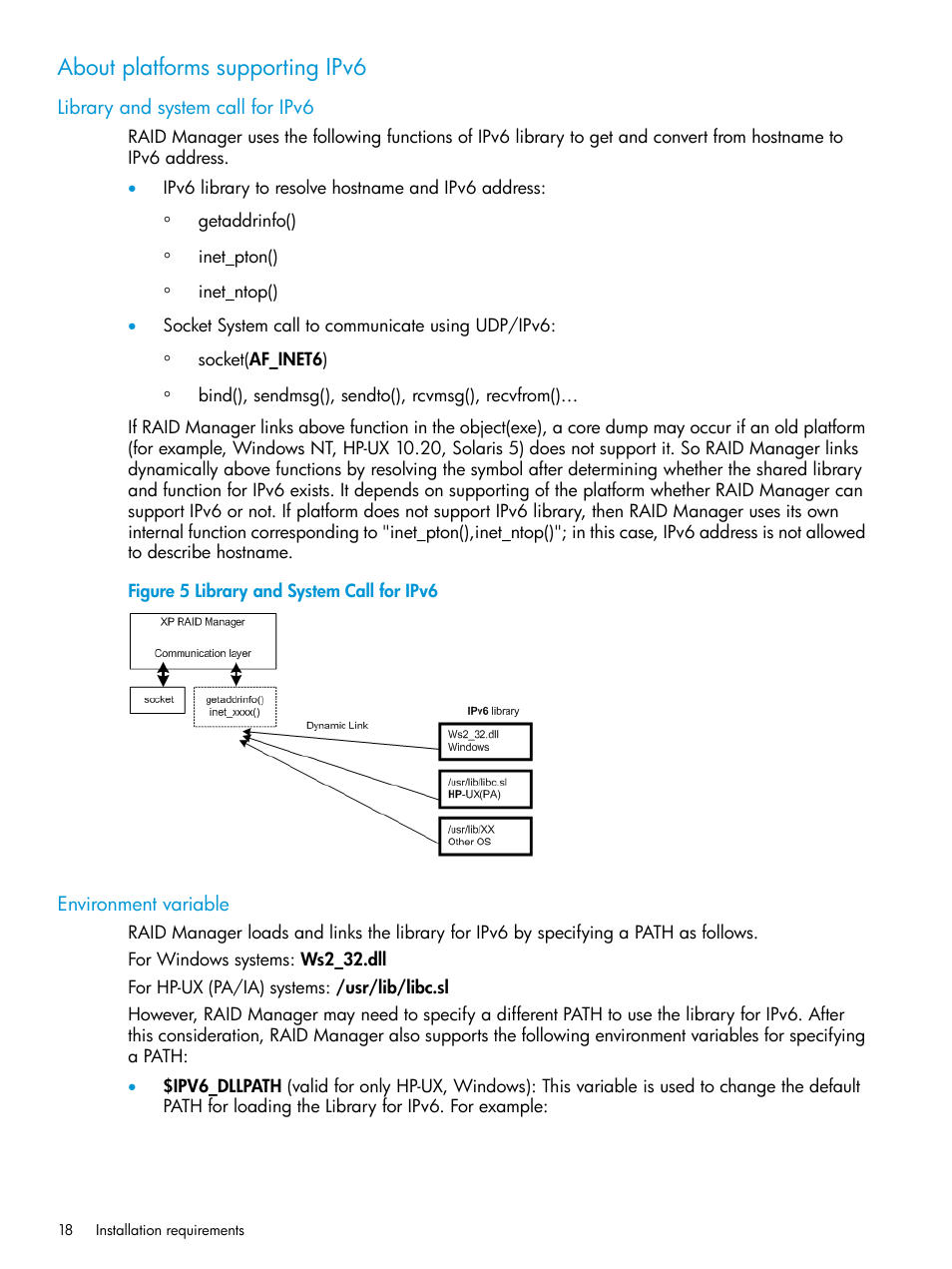 About platforms supporting ipv6, Library and system call for ipv6, Environment variable | HP XP Racks User Manual | Page 18 / 97