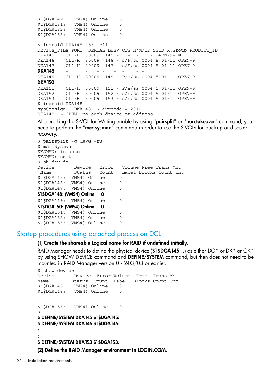 Startup procedures using detached process on dcl | HP XP Racks User Manual | Page 24 / 97