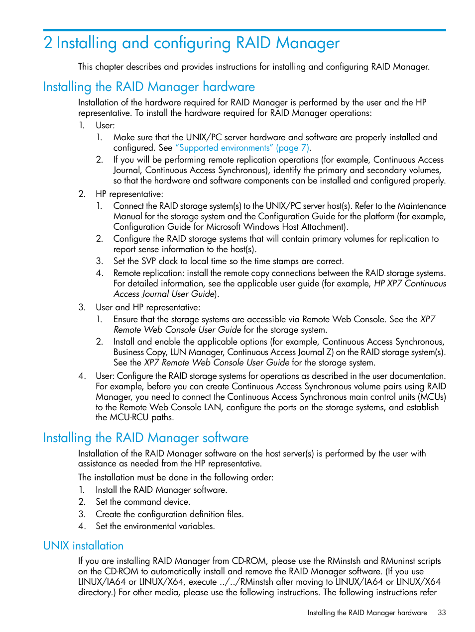 2 installing and configuring raid manager, Installing the raid manager hardware, Installing the raid manager software | Unix installation | HP XP Racks User Manual | Page 33 / 97