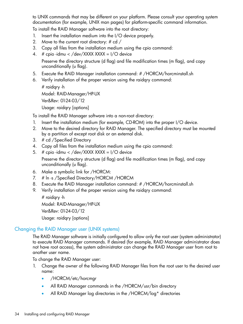 Changing the raid manager user (unix systems) | HP XP Racks User Manual | Page 34 / 97