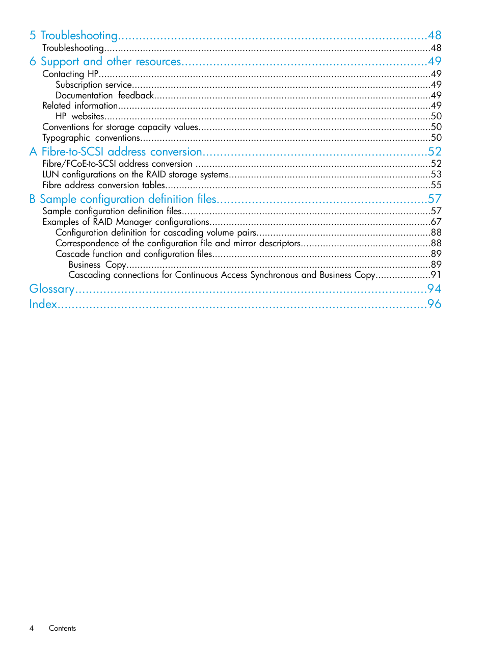 5 troubleshooting, 6 support and other resources, A fibre-to-scsi address conversion | B sample configuration definition files, Glossary index | HP XP Racks User Manual | Page 4 / 97