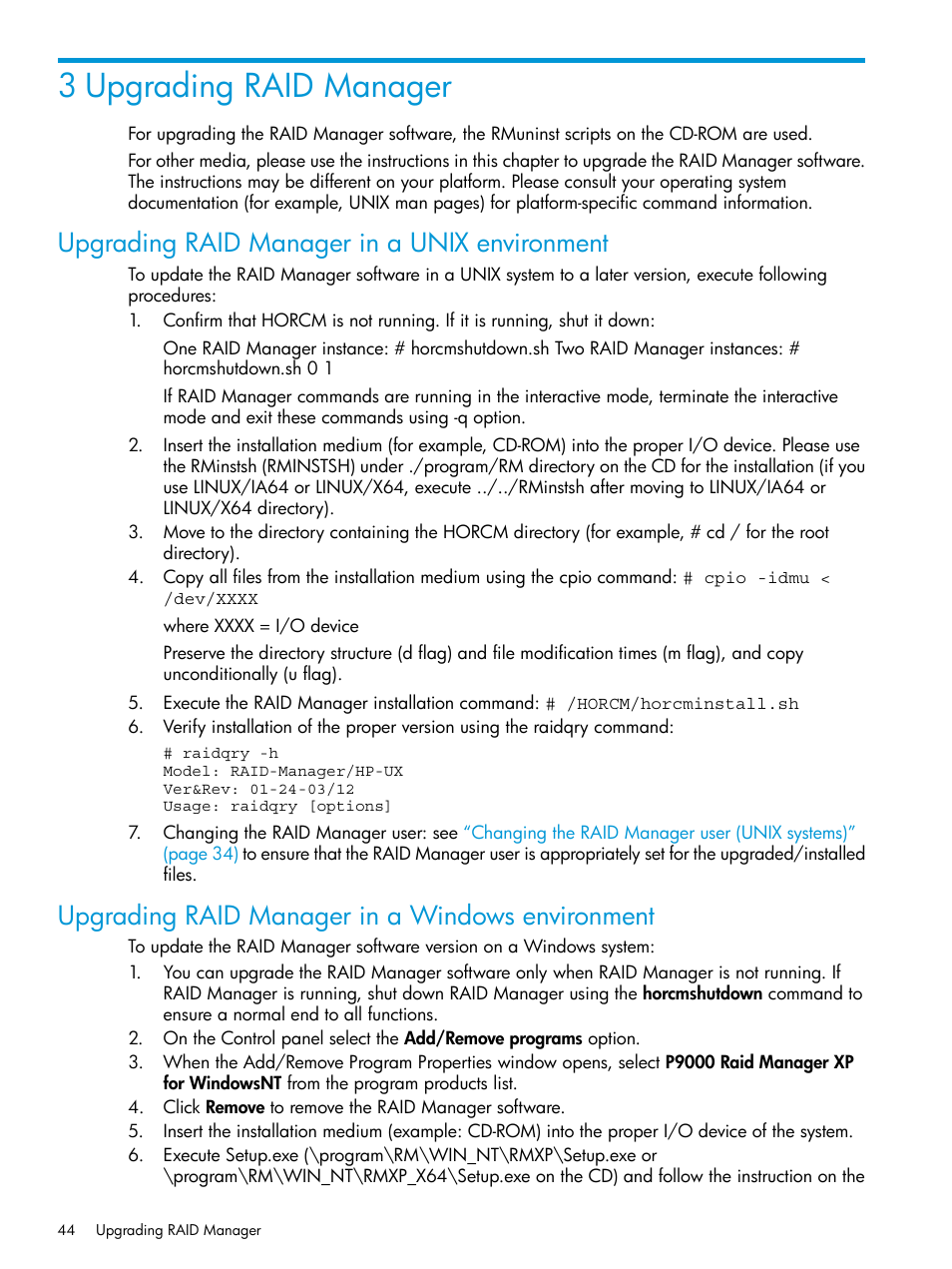 3 upgrading raid manager, Upgrading raid manager in a unix environment, Upgrading raid manager in a windows environment | HP XP Racks User Manual | Page 44 / 97