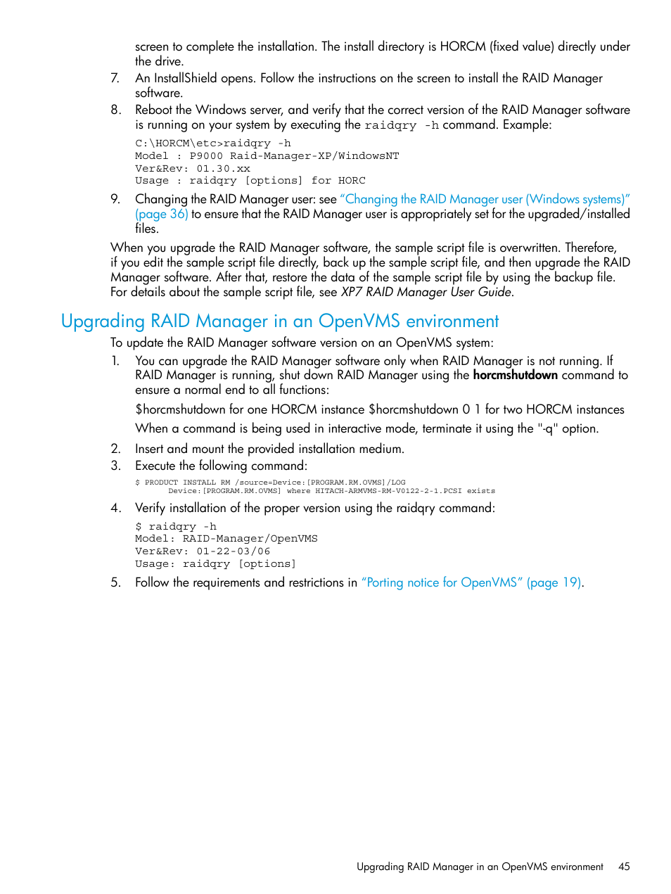 Upgrading raid manager in an openvms environment | HP XP Racks User Manual | Page 45 / 97