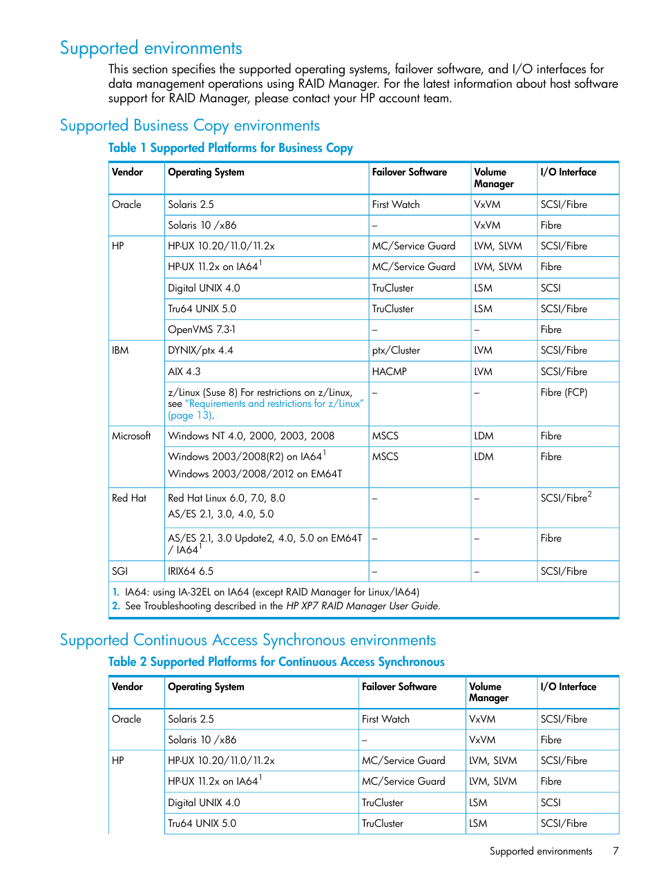 Supported environments, Supported business copy environments | HP XP Racks User Manual | Page 7 / 97