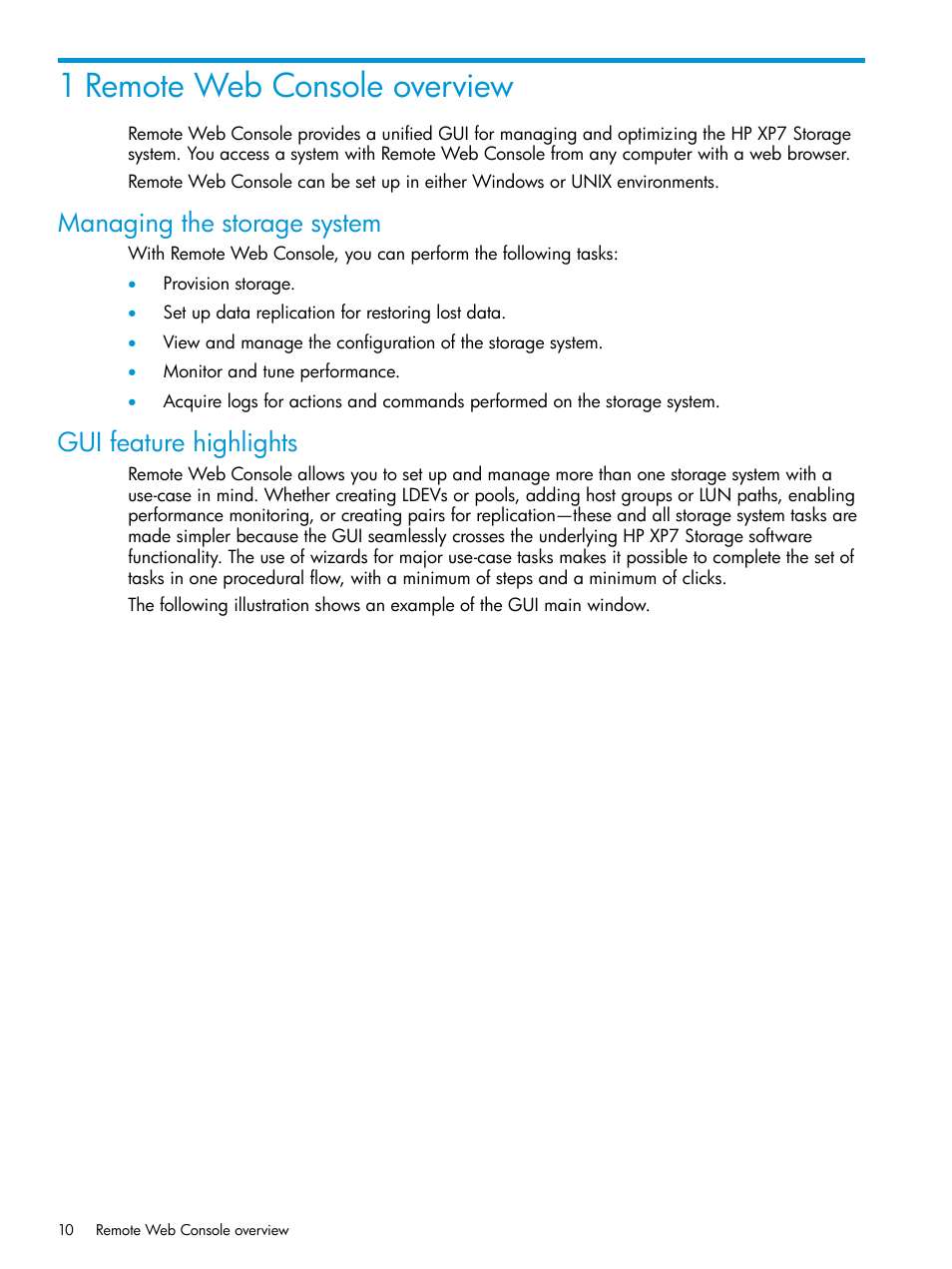 1 remote web console overview, Managing the storage system, Gui feature highlights | Managing the storage system gui feature highlights | HP XP7 Storage User Manual | Page 10 / 258