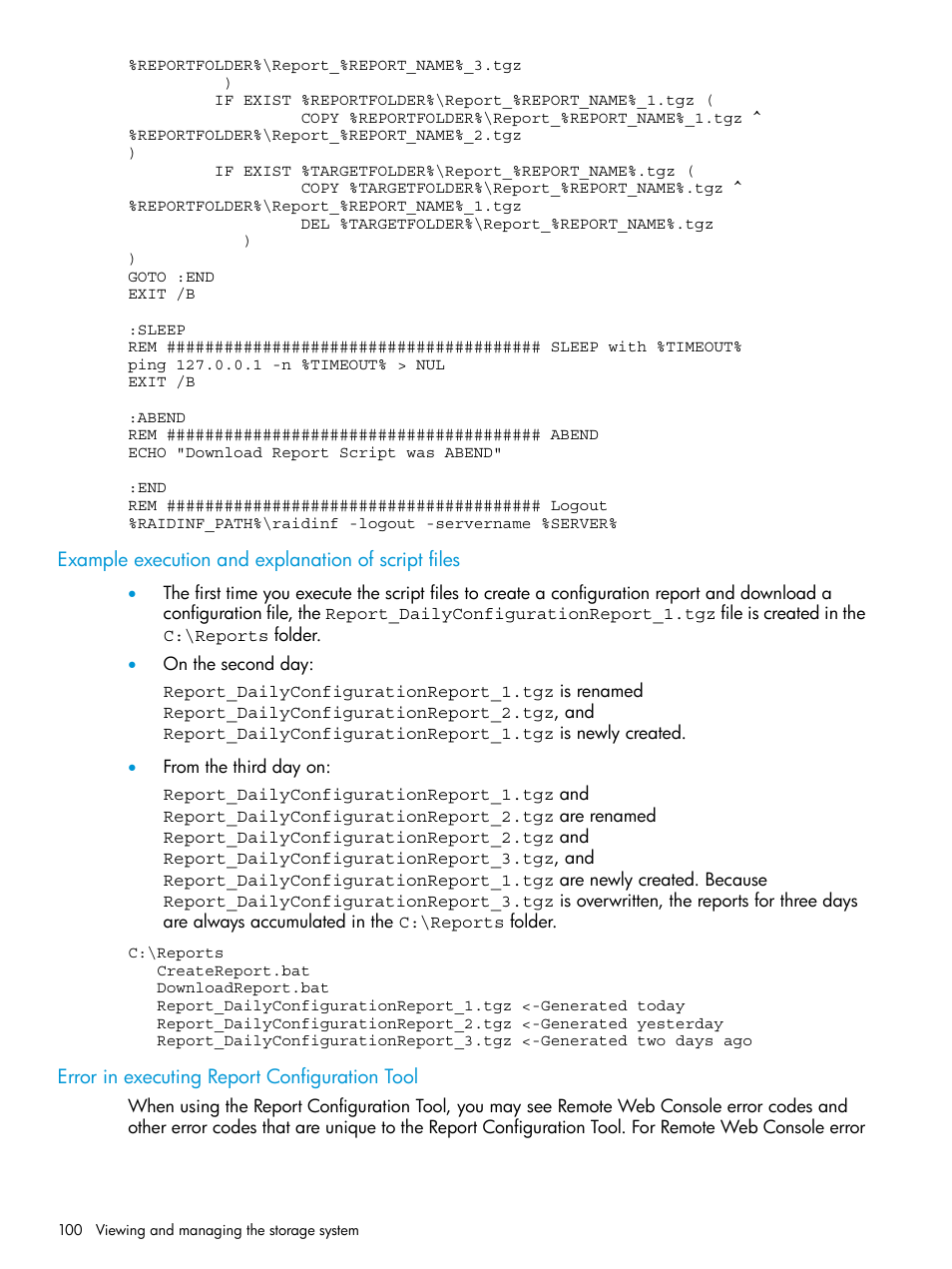 Example execution and explanation of script files, Error in executing report configuration tool | HP XP7 Storage User Manual | Page 100 / 258