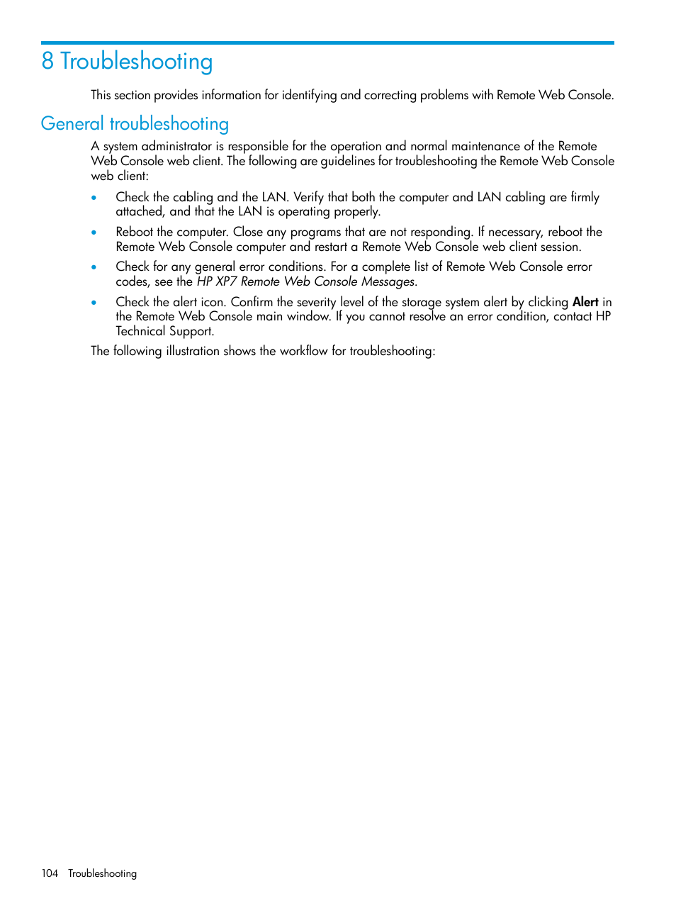 8 troubleshooting, General troubleshooting | HP XP7 Storage User Manual | Page 104 / 258