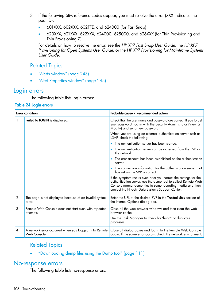 Login errors, No-response errors, Login errors no-response errors | Related topics | HP XP7 Storage User Manual | Page 106 / 258