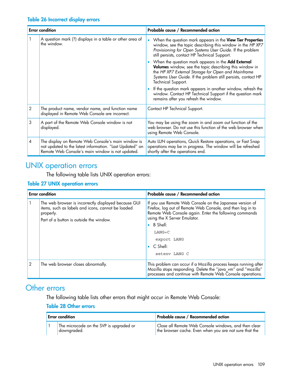 Unix operation errors, Other errors, Unix operation errors other errors | HP XP7 Storage User Manual | Page 109 / 258